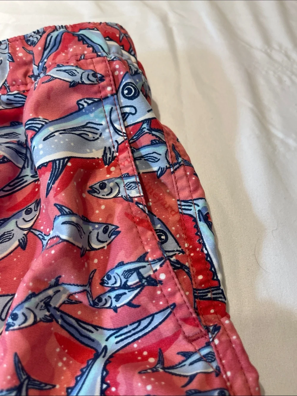Vineyard Vines Kids Swim Trunks - Coral with Light Blue Fish Print
